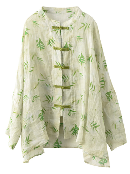 Women Summer Artsy Flower Button-Up Ramie Shirt HH016 ZMMM
