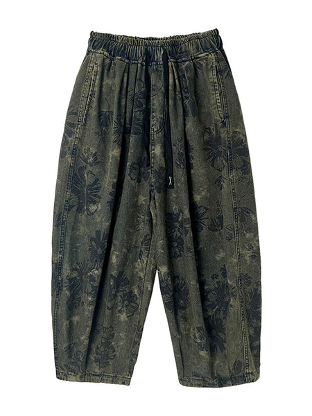 Women Summer Retro Flower  Denim Loose Pants II1003 BUYKUD