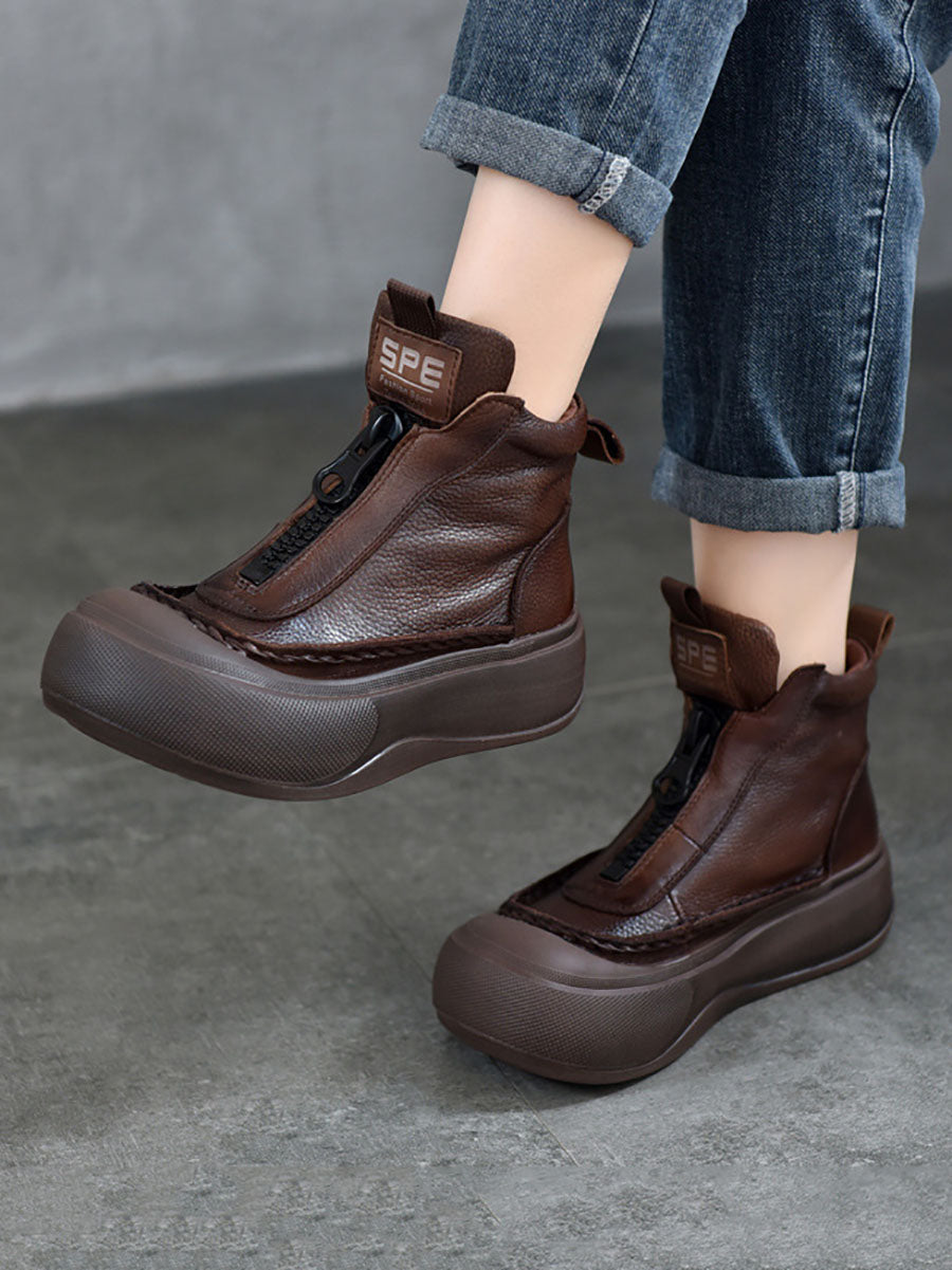 Women Vintage Vintage Leather Zipper Platform Boots BA1029 Genistyle Shop