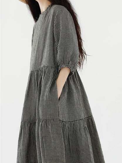 Plus Size Women Artsy Plaid Spliced 100%Cotton Tiered Dress SC1064 Ada Fashion
