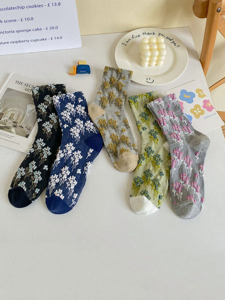 5 Pairs Women Autumn Floral Jacquard Colorblock Socks AV1025 Genistyle Shop
