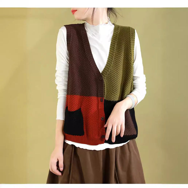 Women Autumn Colorblock Knitted V-Neck Vest CV1029 Ada Fashion