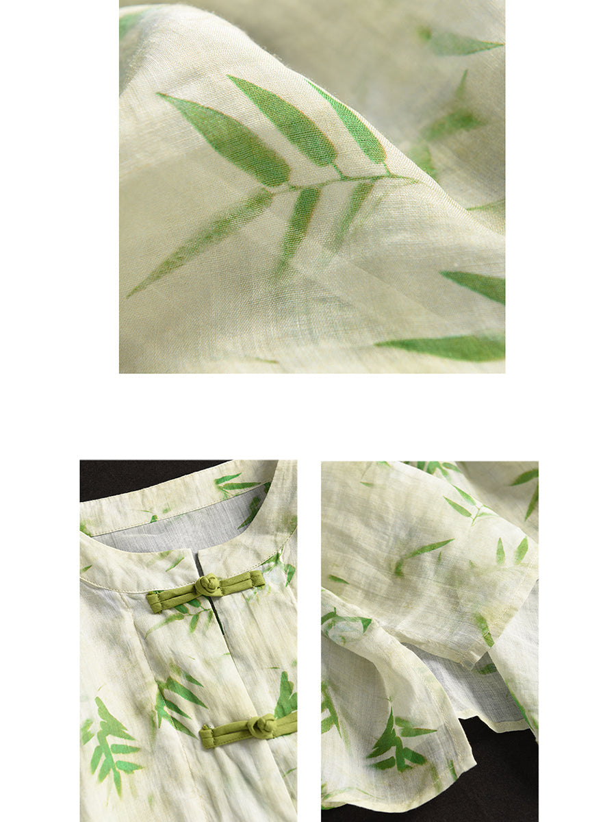 Women Summer Artsy Flower Button-Up Ramie Shirt HH016 ZMMM