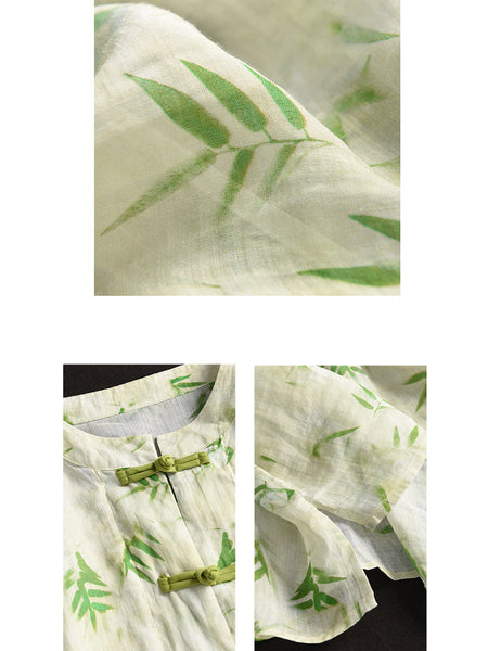 Women Summer Artsy Flower Button-Up Ramie Shirt HH016 ZMMM