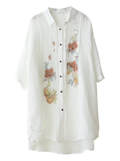 Women Summer Artsy Flower Shirred Button-up Ramie Shirt LL041 BUYKUD