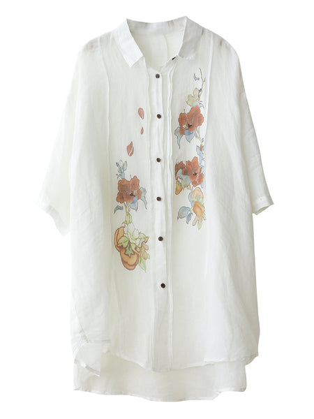 Women Summer Artsy Flower Shirred Button-up Ramie Shirt LL041 BUYKUD