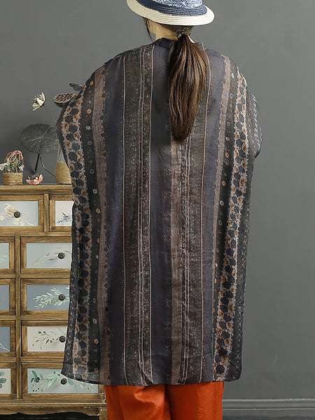 Plus Size Women Summer Stripe Button-up 100%Ramie Shirt Coat KL1032 Ada Fashion