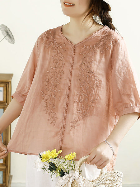 Women Summer Artsy Embroidery V-Neck Ramie Shirt PP1020 ZMMM