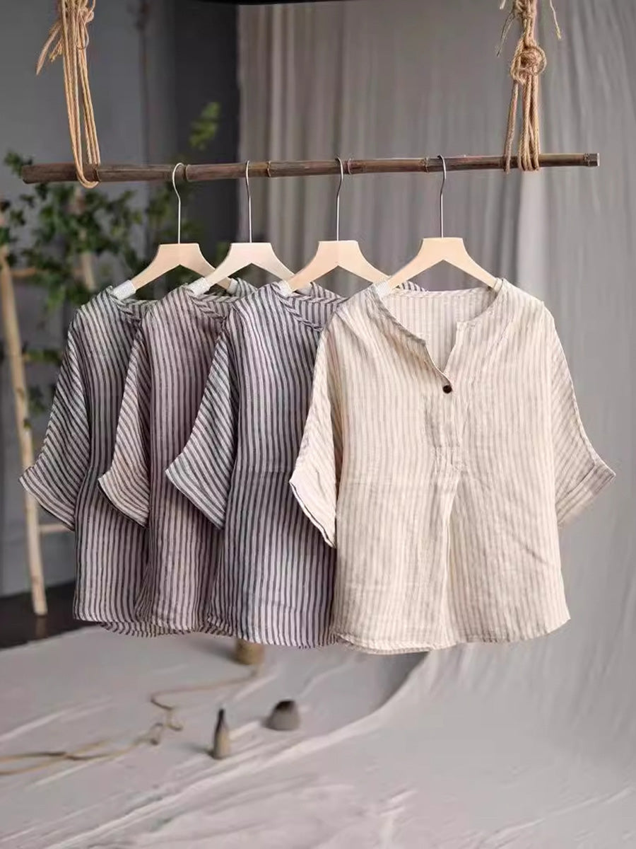 Women Casual Stripe Summer Linen V-Neck Shirt PA1001 Ada Fashion