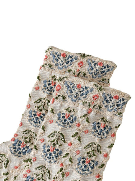 5 Pairs Women Artsy Floral Jacquard Cotton Socks AS1030 BUYKUD