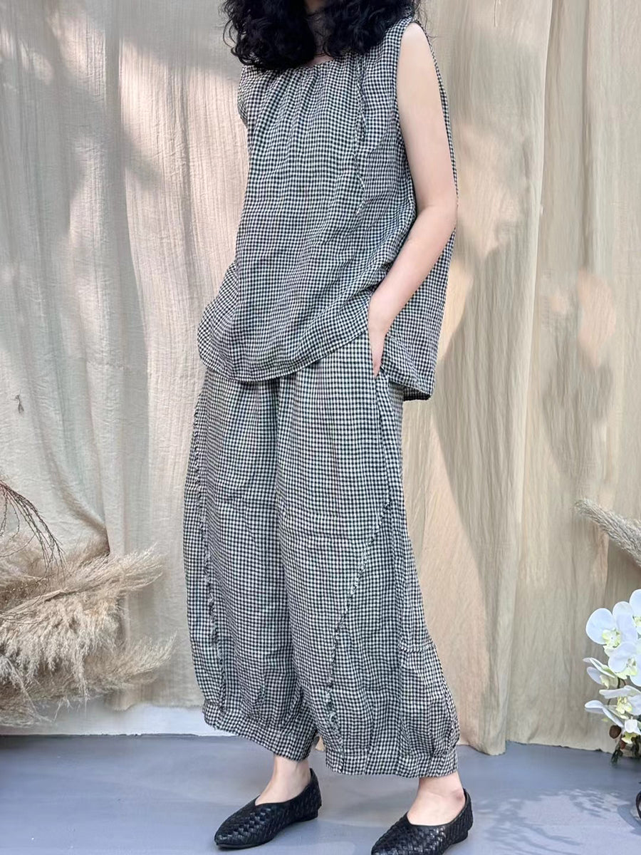 Plus Size Women Vintage Lattice Summer Cotton Linen Suits IO1030 Ada Fashion
