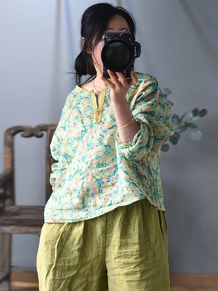 Women Ethnic Spring Flower Print V-Neck Shirt LL060 QYMM