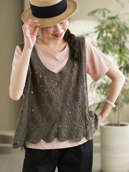 Women Artsy Knitted Cutout V-Neck Vest AS1046 Ada Fashion