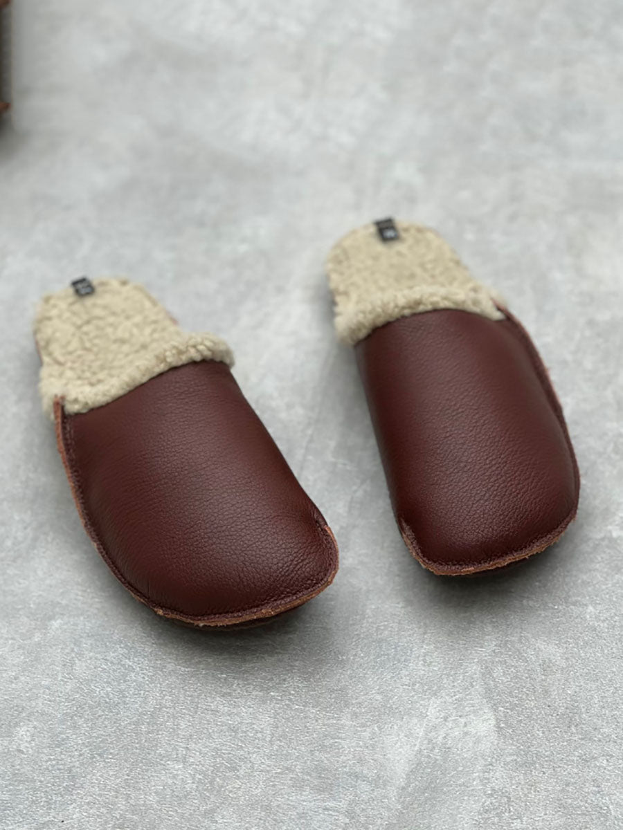 Women Vintage Winter Leather Fleece-lined Flat Slippers AV1041 Genistyle Shop