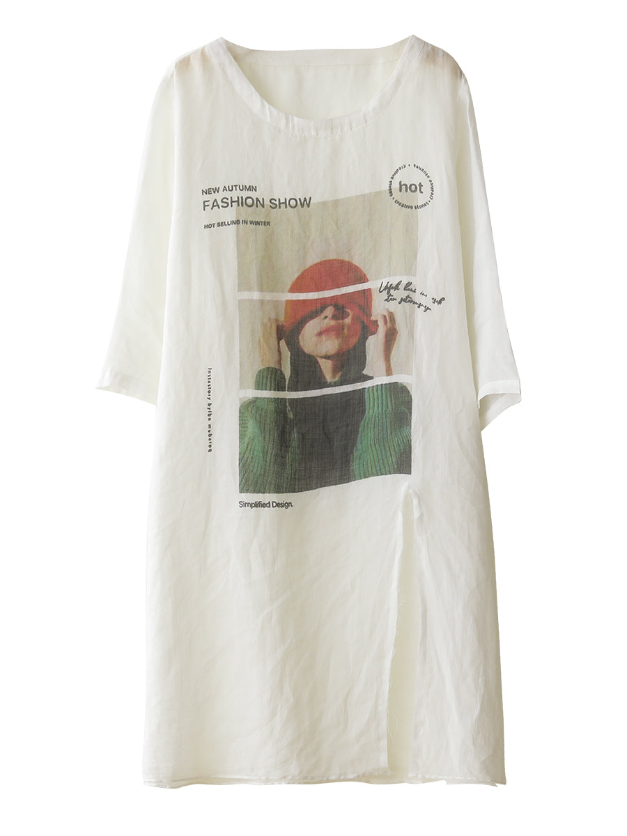 Women Summer Casual Split Hem Print O-Neck Ramie Shirt LL042 BUYKUD