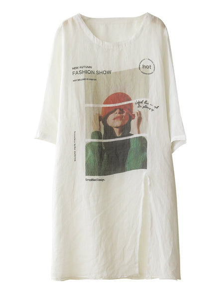 Women Summer Casual Split Hem Print O-Neck Ramie Shirt LL042 BUYKUD