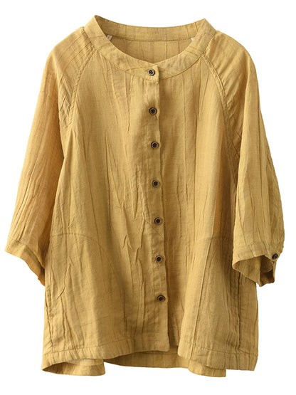 Women Summer Retro Solid Linen Button-up Shirt XX1012 Ada Fashion