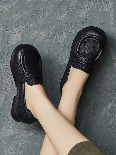 Women Vintage Genuine Solid Leather Low Heel Shoes BA1055 Genistyle Shop