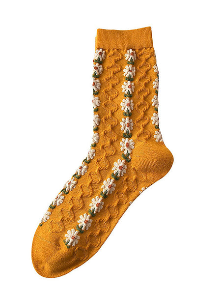 5 Pairs Women Autumn Artsy Flower Jacquard Socks RR013 BUYKUD