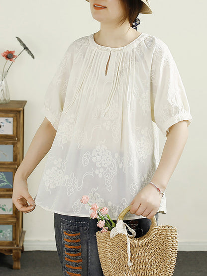 Women Summer Vintage Shirred Embroidery Cotton Shirt HH044 QJH