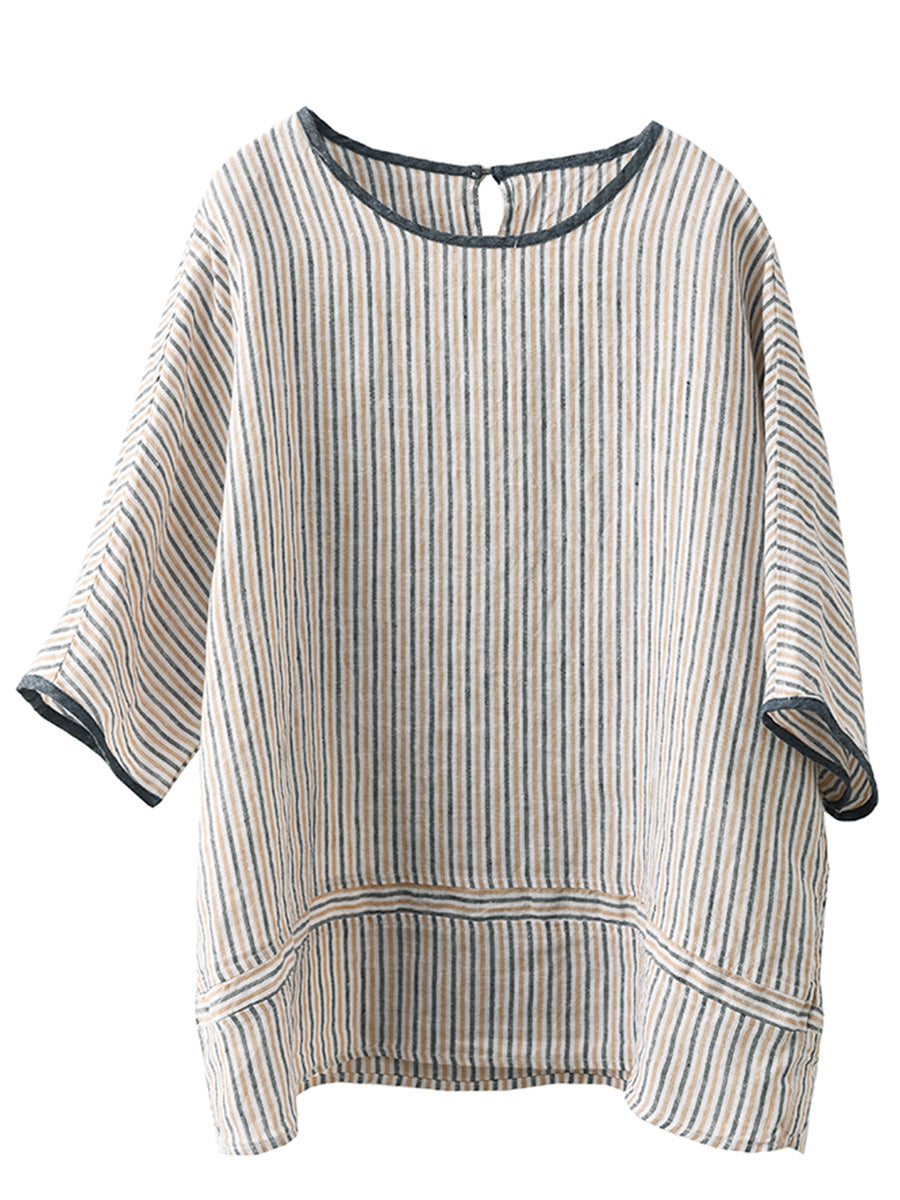 Women Summer Vintage Stripe Spliced Linen Shirt BN1040 Ada Fashion