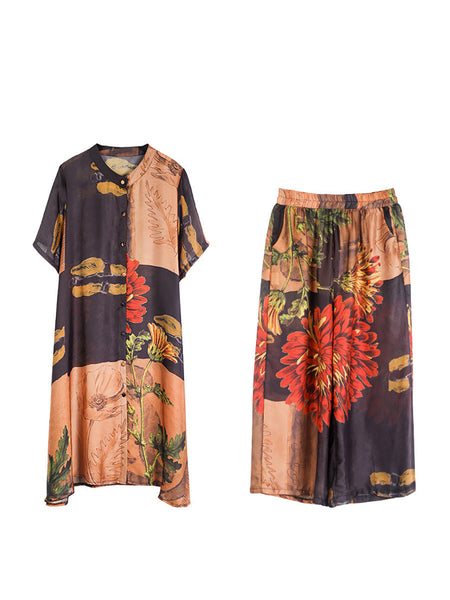 Plus Size Women Artsy Flower Spliced Long Shirt+Pants HH053 BK
