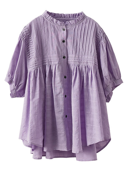 Women Artsy Shirred Stripe Cotton Agaric-Lace Shirt OP1006 BUYKUD