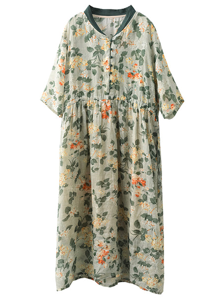 Women Summer Flower Stand Collar Ramie Dress OO1046 LPP