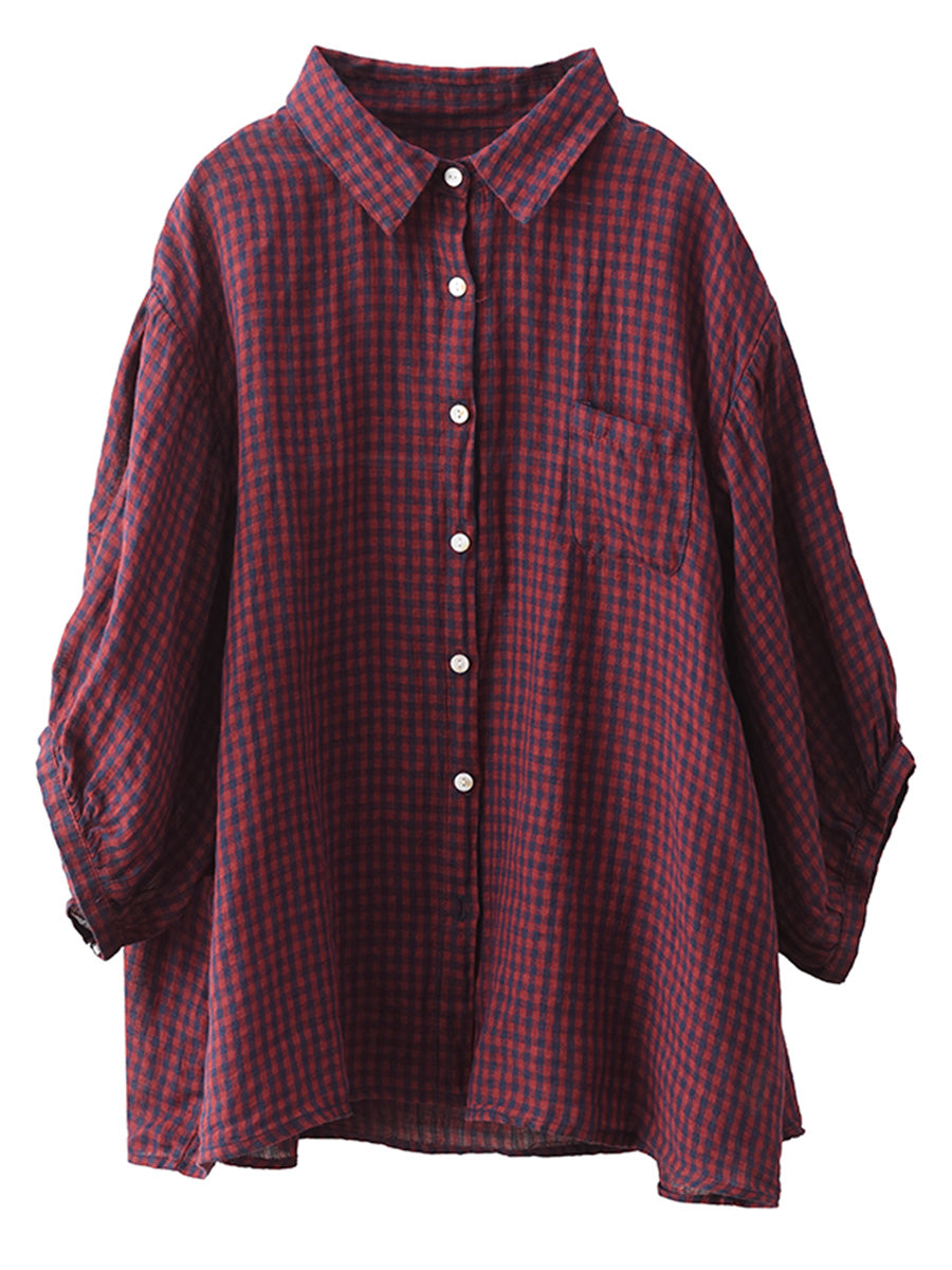 Women Summer Vintage Plaid Button-Up Linen Shirt PP1034 BUYKUD