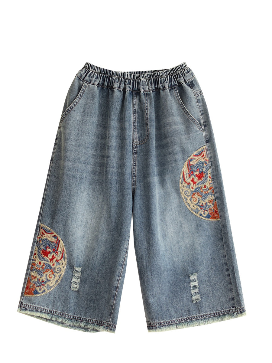 Women Summer Embroidery Knee-Length Denim Pants IO1023 Ada Fashion