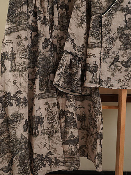 Women Ethnic Print V-Neck Ramie Loose Shirt+Skirt RR1032 BUYKUD