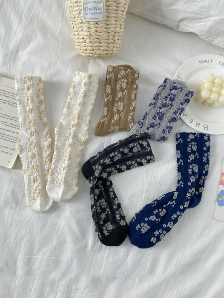 5 Pairs Women Floral Jacquard Cotton Socks AK1035 Genistyle Shop