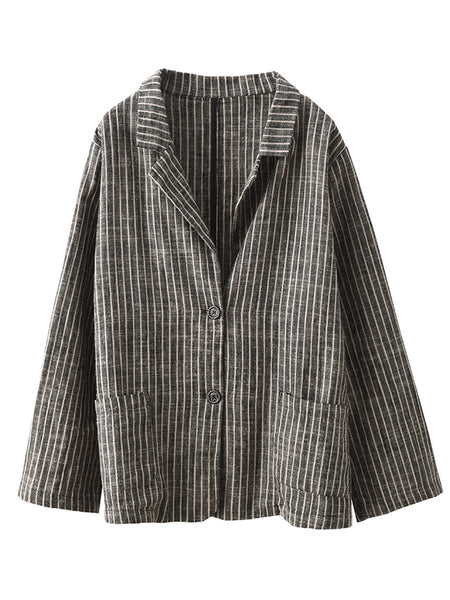 Plus Size Women Vintage Stripe Spring Linen Shirt+Pants II1057 BK