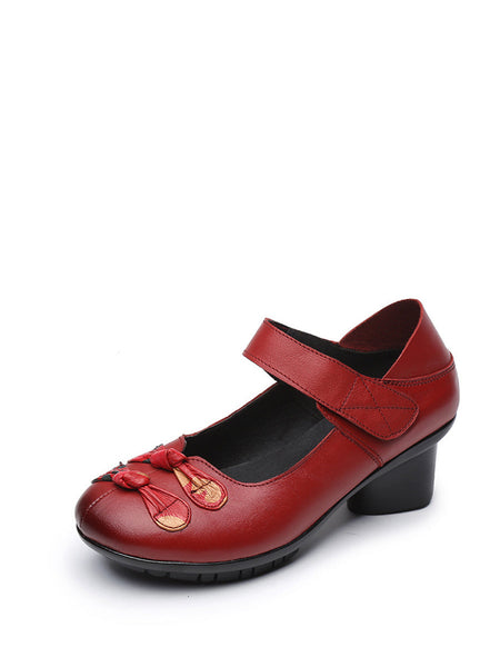 Women Summer Vintage Leather Spliced Mid-Heel Shoes II1014 TOYA