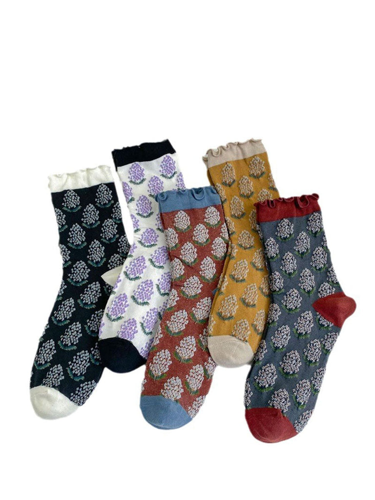 5 Pairs Women Artsy Foral Embroidery Colorblock Cotton Socks AV1043 Genistyle Shop