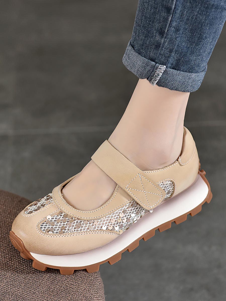 Women Summer Leather Spliced Mesh Sequin Platform Shoes XX1022 Ada Fashion