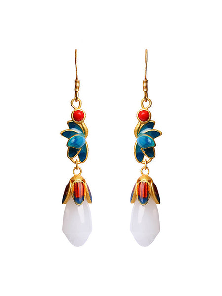Women Vintage Flower Cloisonne Jade Mangnolia Sliver Earrings AX1015 Genistyle Shop