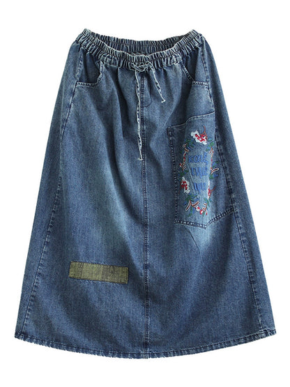 Women Artsy Flower Embroidery Denim Skirt PA1009 Ada Fashion