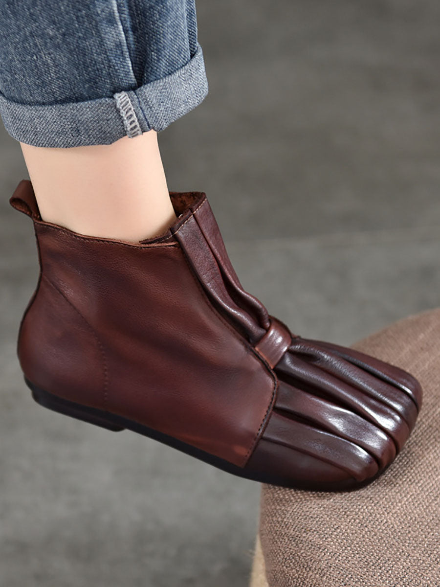 Women Soft Leather Shirred Square Toe Ankle Boots WG031 BUYKUD