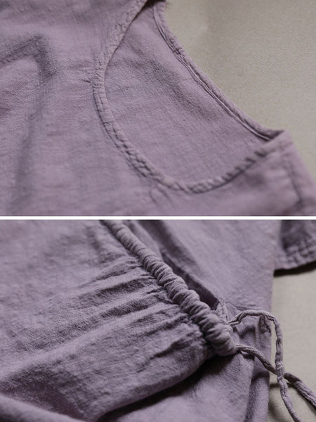 Women Spring Vintage Purple Drawstring Cotton Shirt SC1018 Ada Fashion