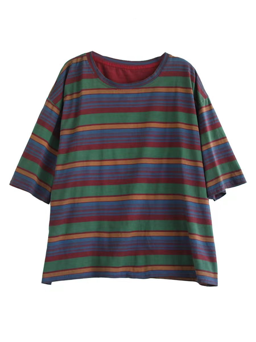 Women Casual Stripe Summer O-Neck Cotton Shirt XX1010 Ada Fashion