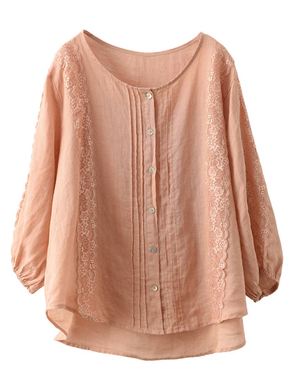 Women Summer Artsy Lace Spliced Ramie Button-Up Shirt II1020 GLL