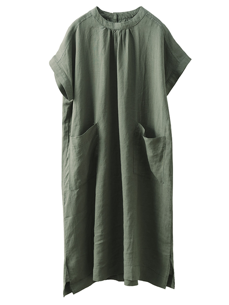 Women Summer Casual Solid Pocket O-Neck Linen Dress FD051 ZMMM