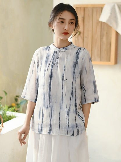 Women Summer Ethnic Print Loose Stand Collar Ramie Shirt II1010 BUYKUD