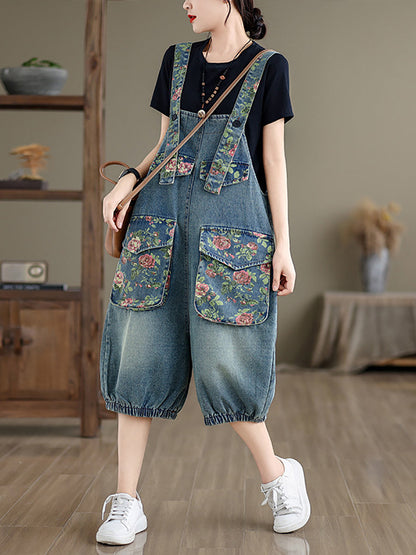 Women Summer Retro Flower Spliced Denim Jumpsuits BN1030 Ada Fashion