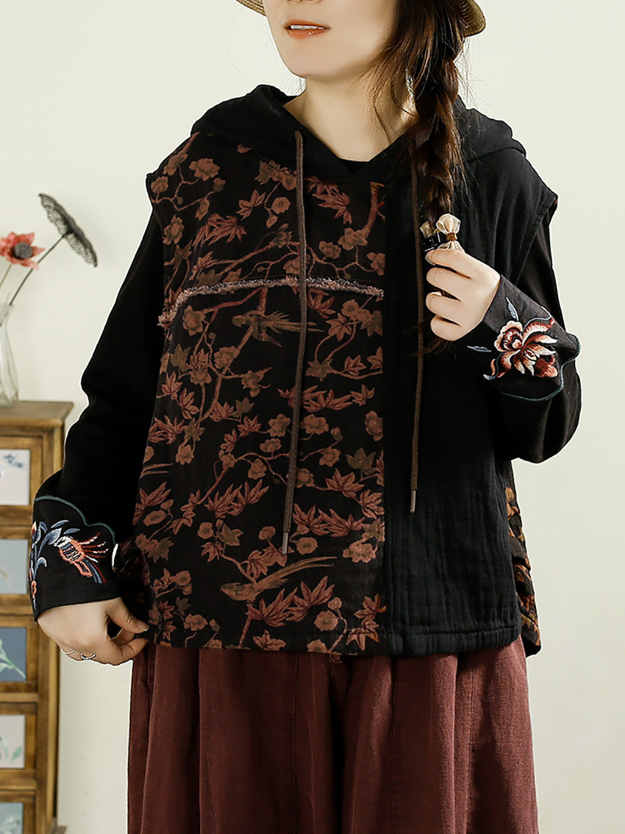 Women Autumn Vintage Flower Spliced Hooded Cotton Vest AI1037 BUYKUD