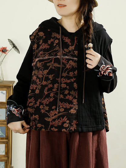 Women Autumn Vintage Flower Spliced Hooded Cotton Vest AI1037 BUYKUD