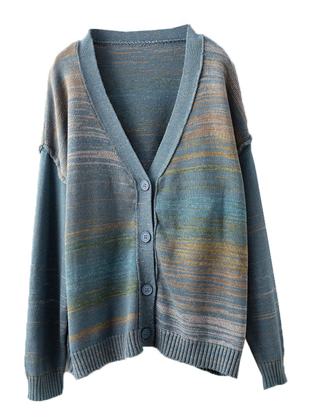 Women Autumn Artsy Colorful Knit V-Neck Cardigan Sweater AI1077 BUYKUD
