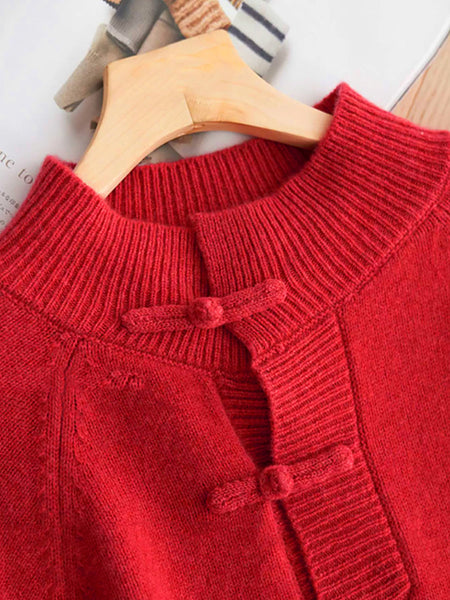 Women Autumn Vintage Half-Turtleneck 100%Wool Buckle Sweater BA1040 Genistyle Shop