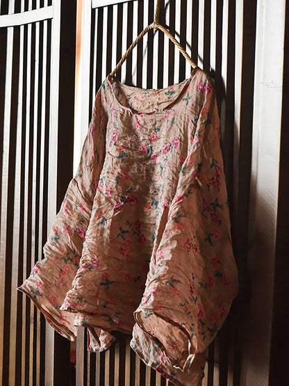 Women Summer Vintage Floral Ramie Thin Shirt WE1046 Ada Fashion